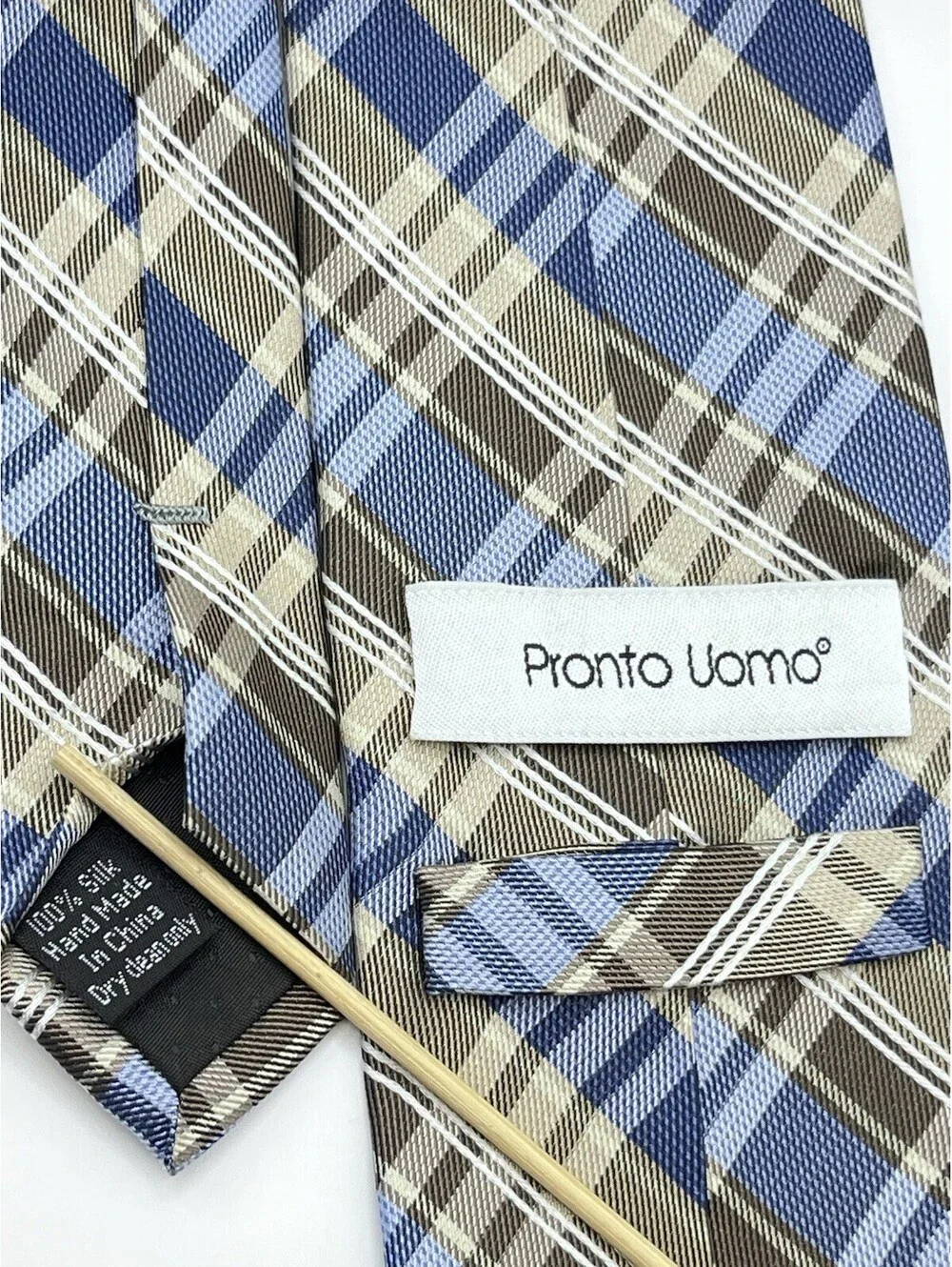 Pronto Uomo Tie Striped Plaid Blue brown Classic Long Retro 3.5 X 64 100% Silk